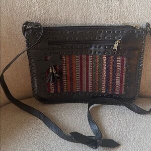 Black Leather Crossbody Bag with Colorful Stripes